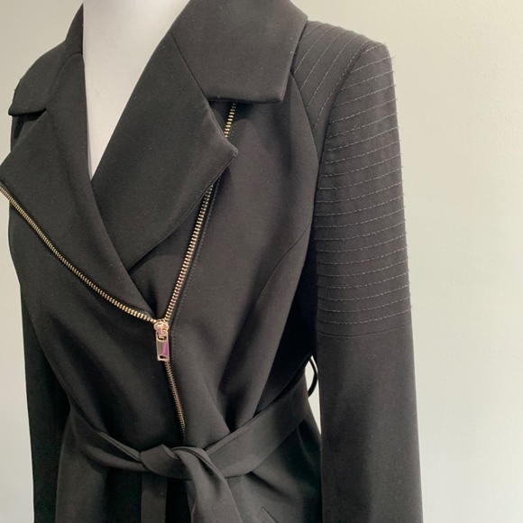 H&M black zip belted long jacket coat Trench SZ 8 Med M overcoat sash tie Moto - Picture 6 of 16
